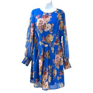 BTFL-life Floral Chiffon Long Sleeve Mini Dress Dark Blue Floral Large